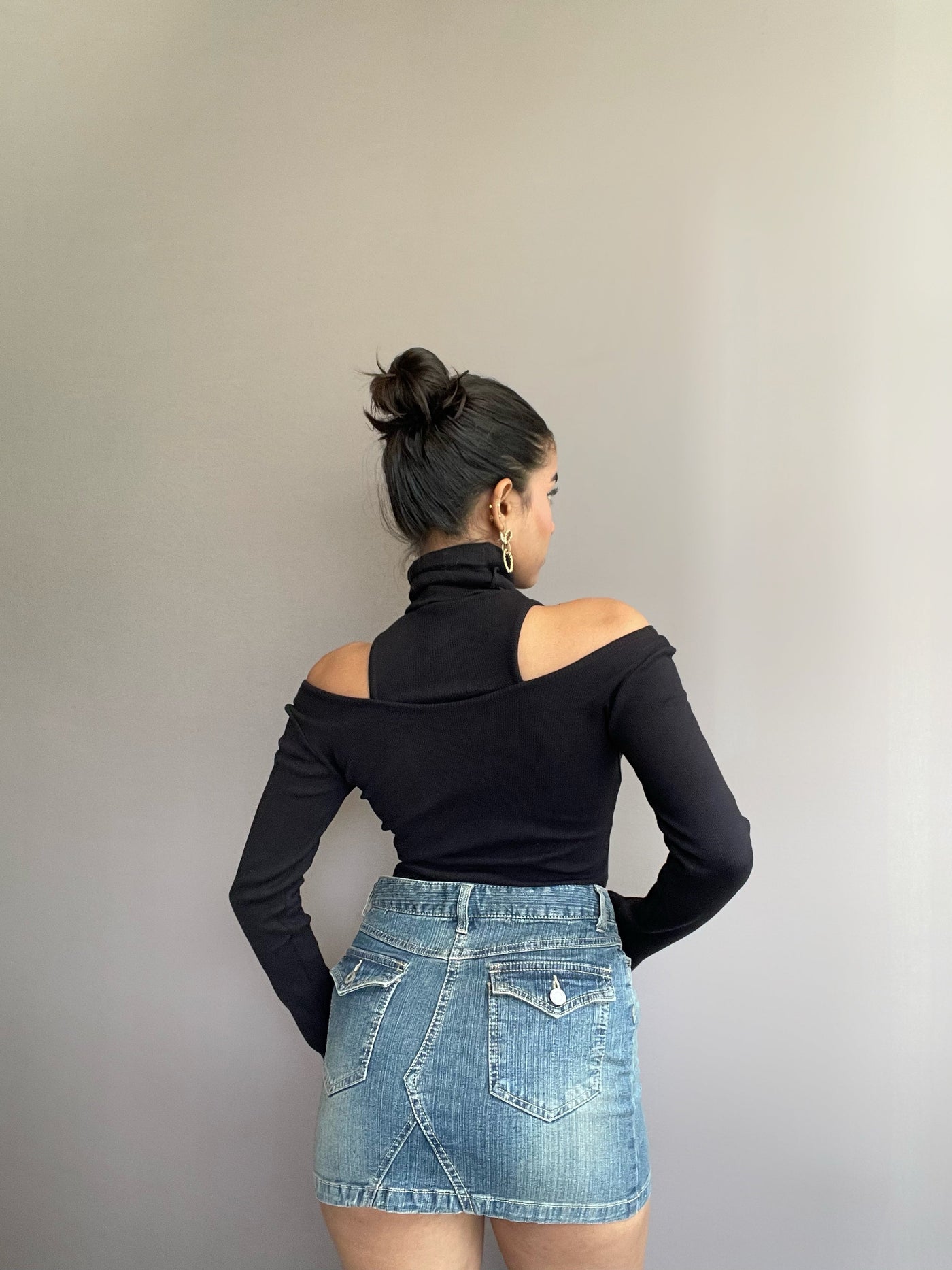 Cut Detail Polo Neck Rib Black Top