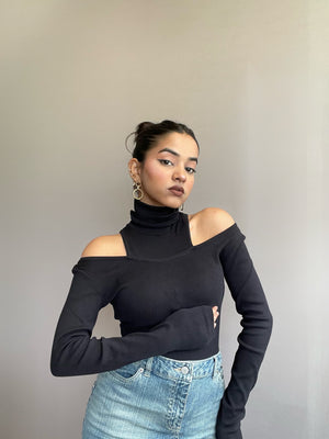 Cut Detail Polo Neck Rib Black Top