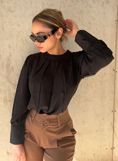 Pleated Neck Bishop Sleeve Blouse