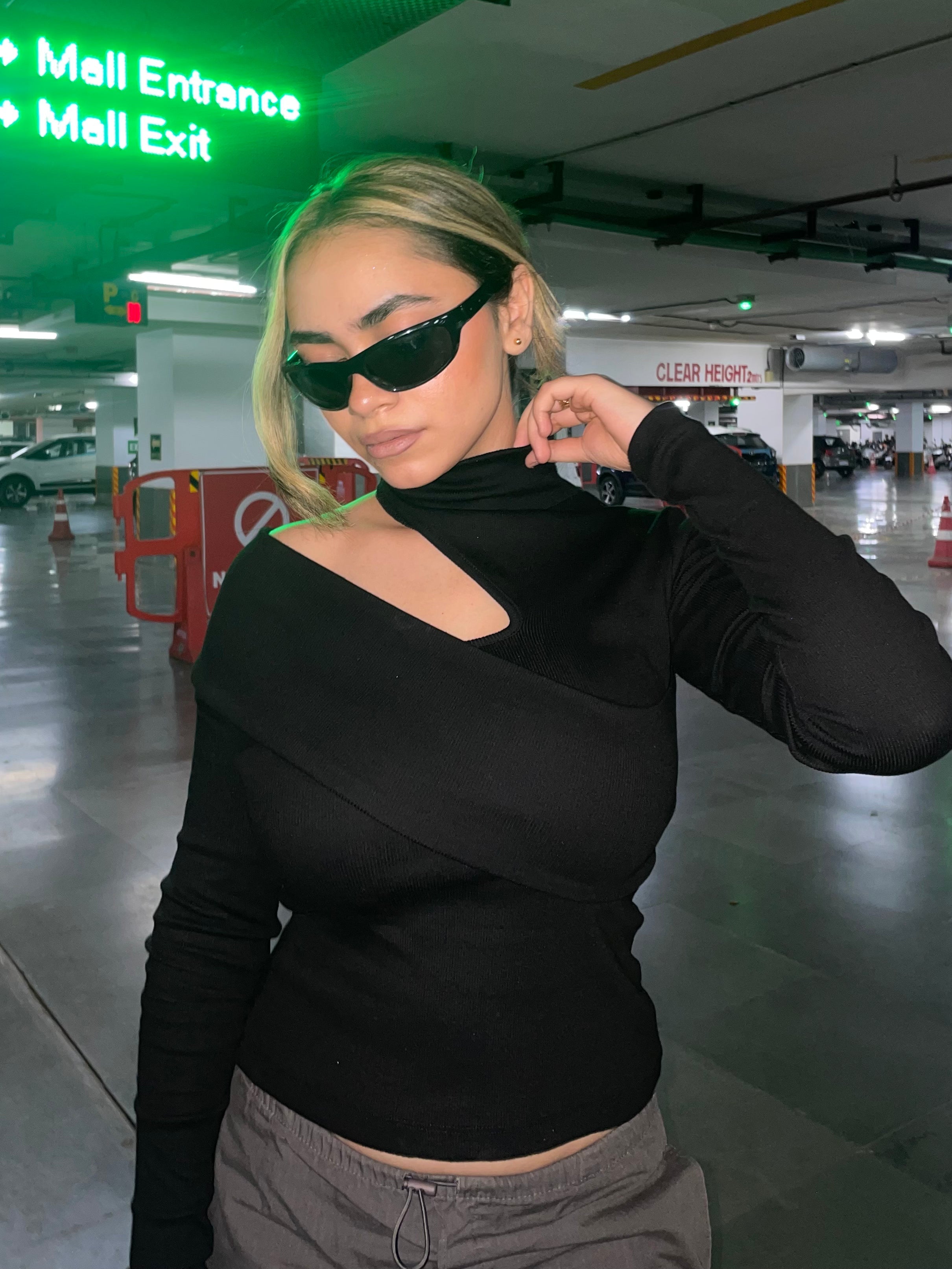 Wrapped Shoulder High Neck Rib Top