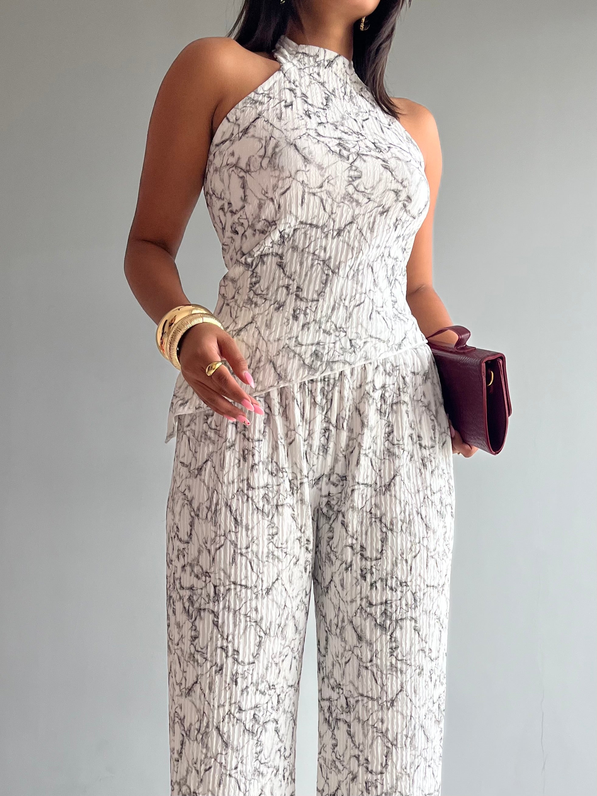 Textured Halter Neck Backless Co-ord Set