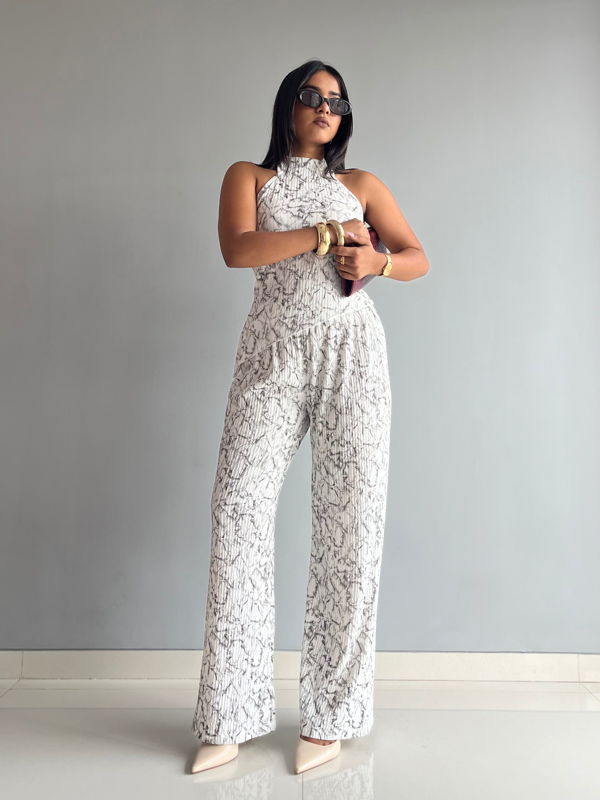 Textured Halter Neck Backless Co-ord Set