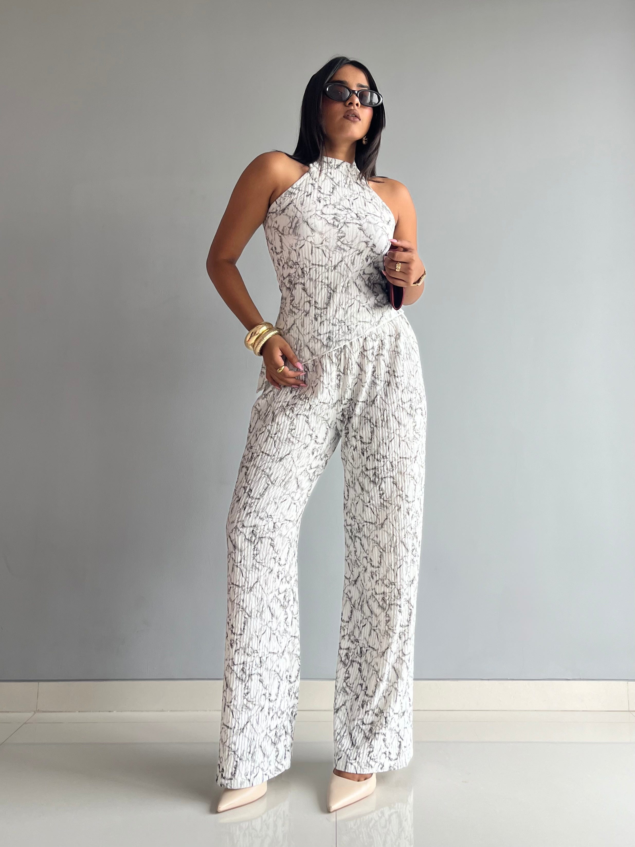 Textured Halter Neck Backless Co-ord Set
