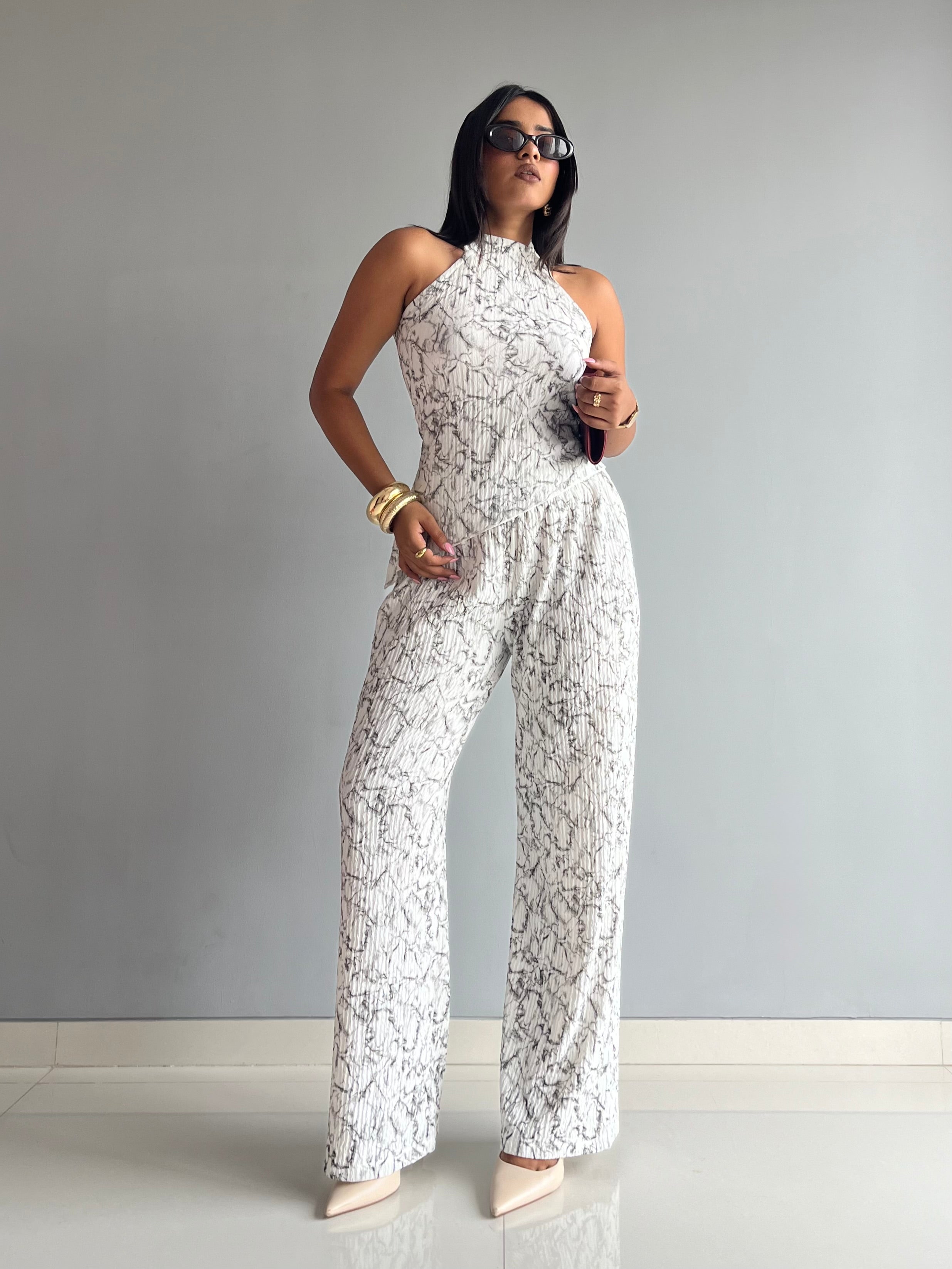 Textured Halter Neck Backless Co-ord Set