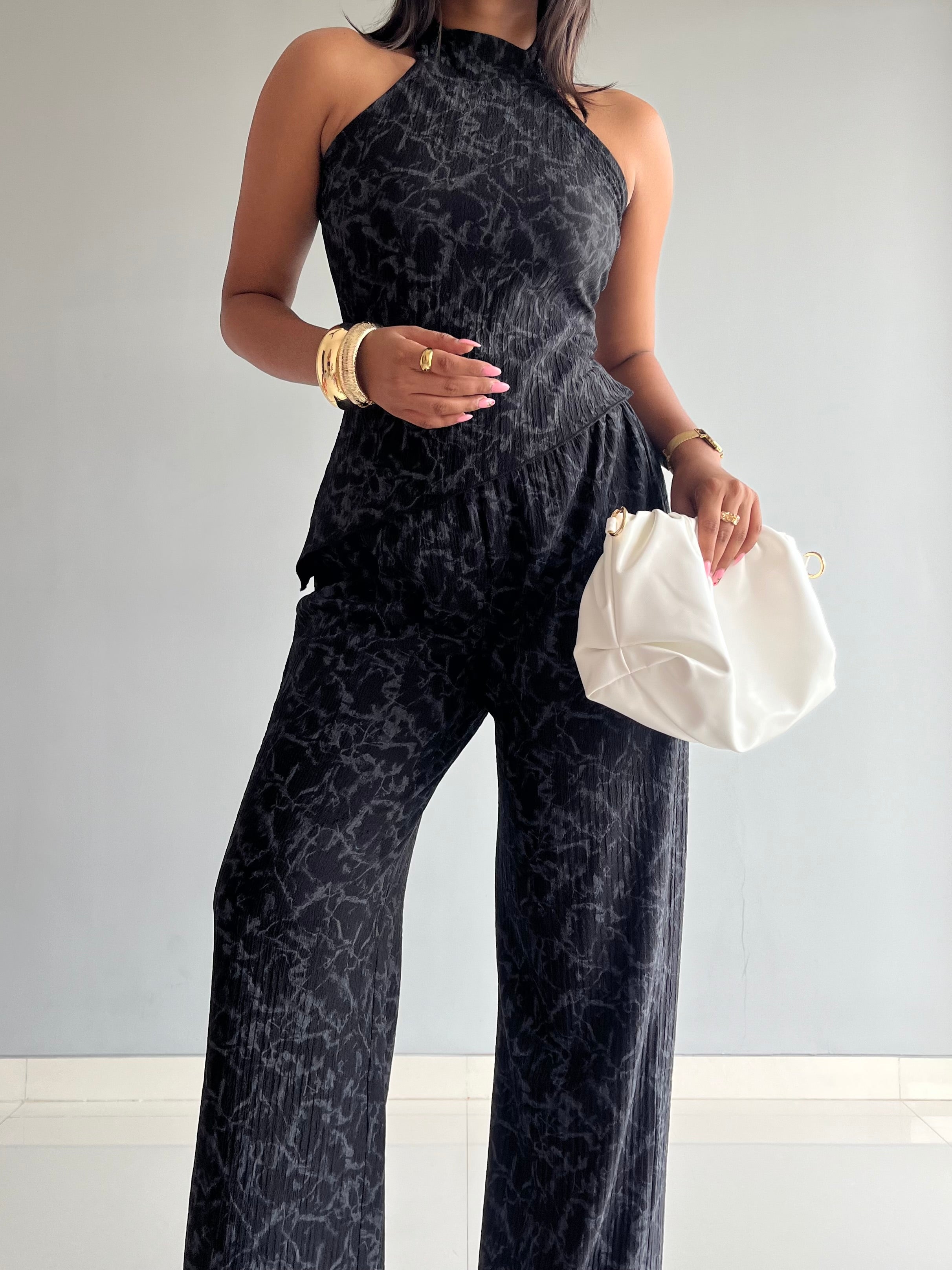 Textured Halter Neck Backless Co-ord Set