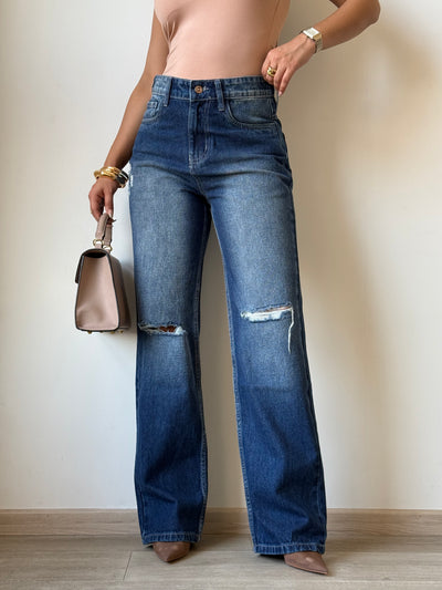 Edgy Blue Distress Wash Straight Leg Jeans