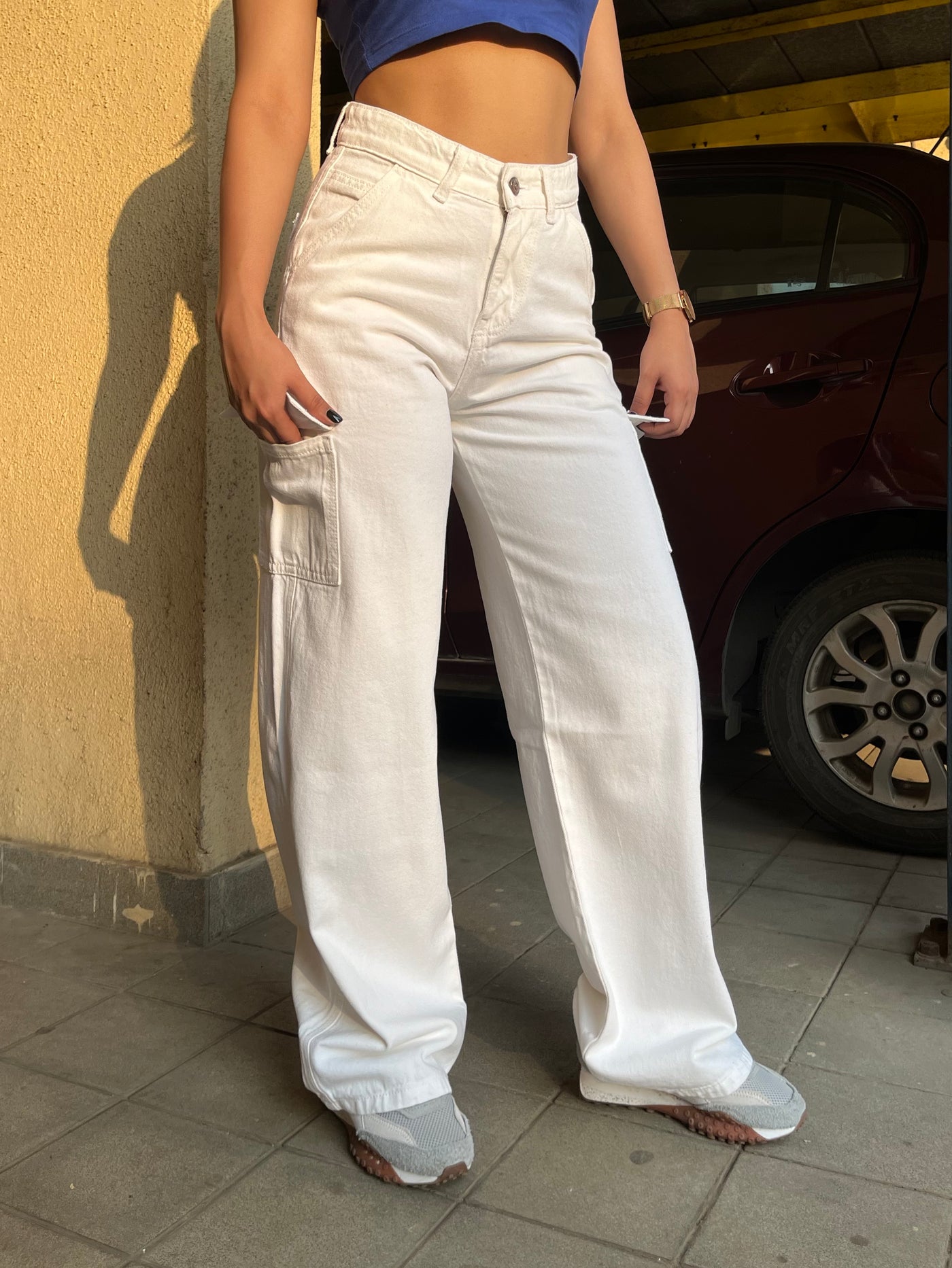 White Street Style Pocket High Waist Cargo Jeans – Offduty India