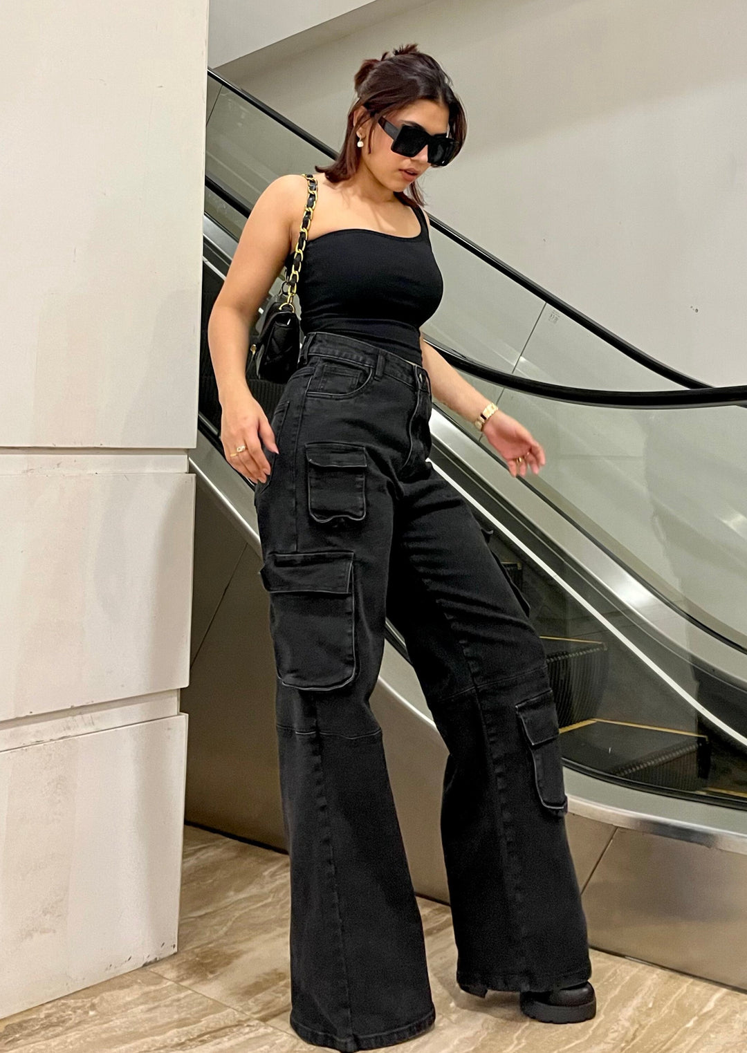 So Black Pocket Details High Waist Cargo Jeans - Main Image