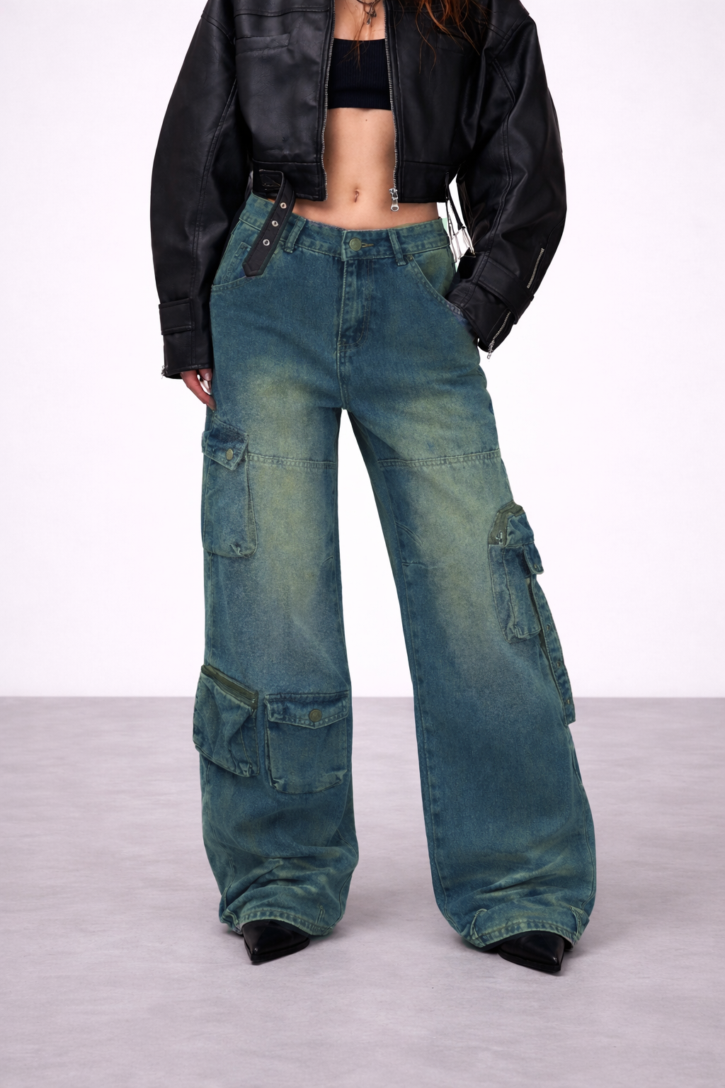 Navy Solar Wide Leg Cargo Jeans