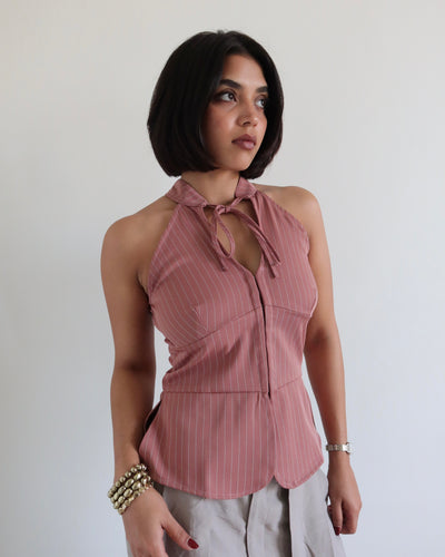 Front Tie Striped Halter Corset Top