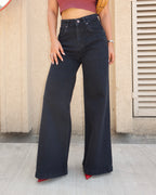 Onyx Black Stone Wash Wide Leg High Rise Jeans