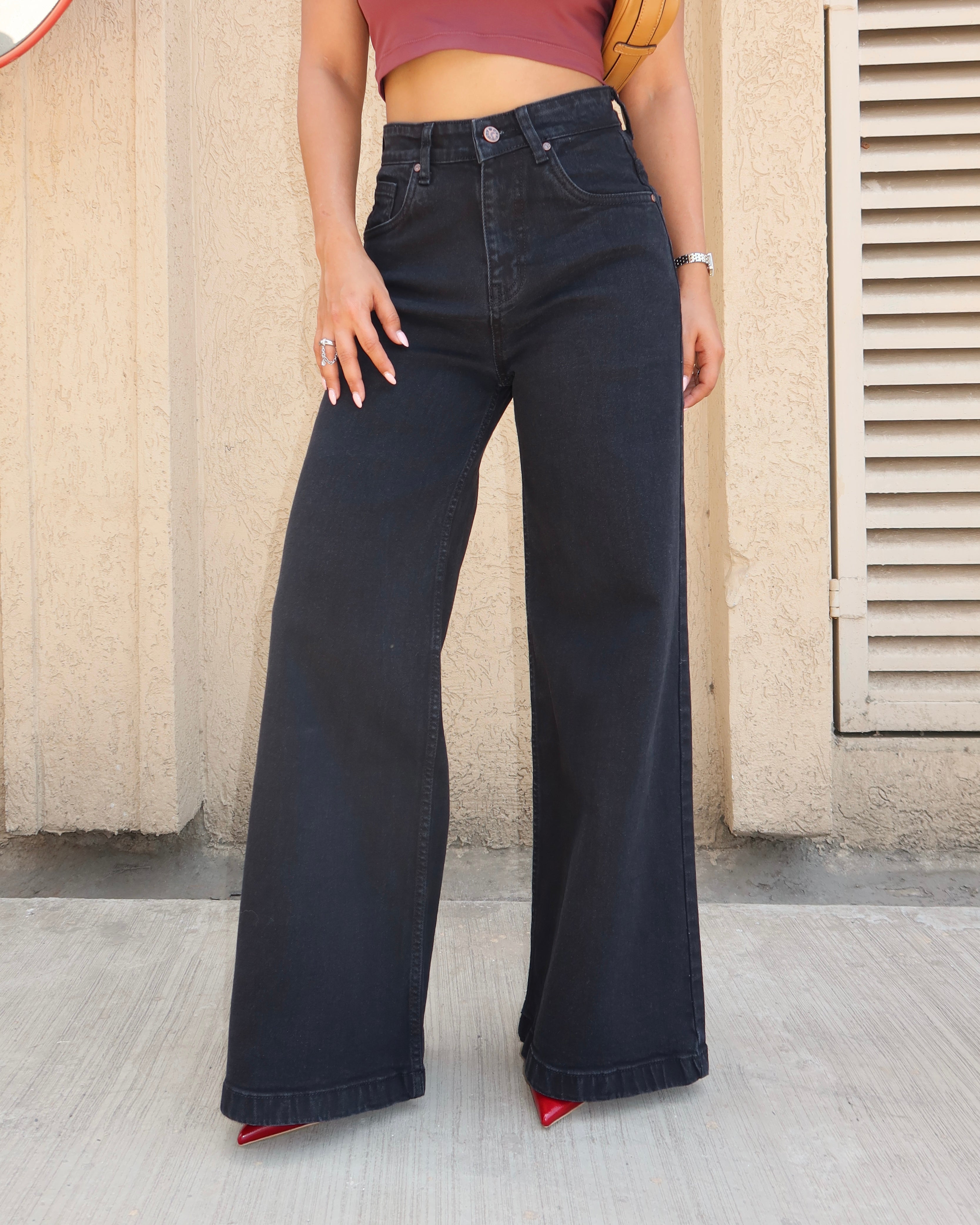 Onyx Black Stone Wash Wide Leg High Rise Jeans