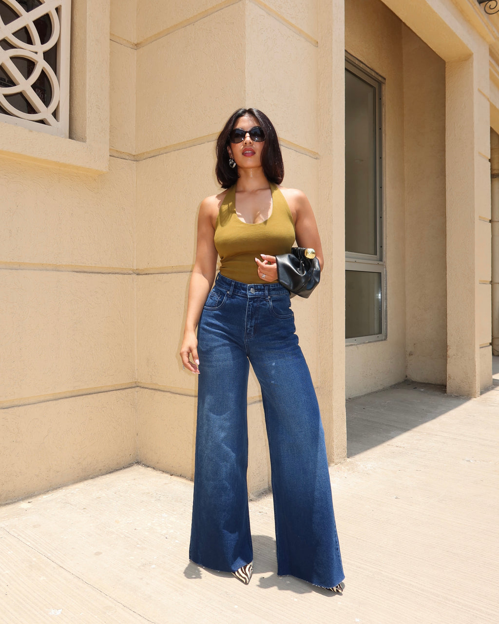 Twilight Blue Raw Hem Wide Leg Jeans