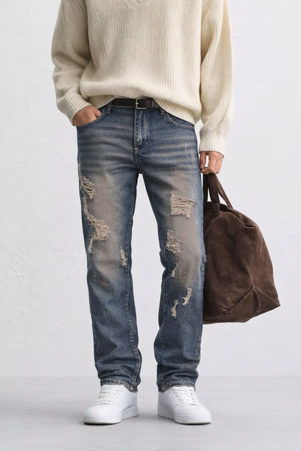 Damage Blue Straight Fit Jeans