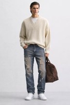 Damage Blue Straight Fit Jeans