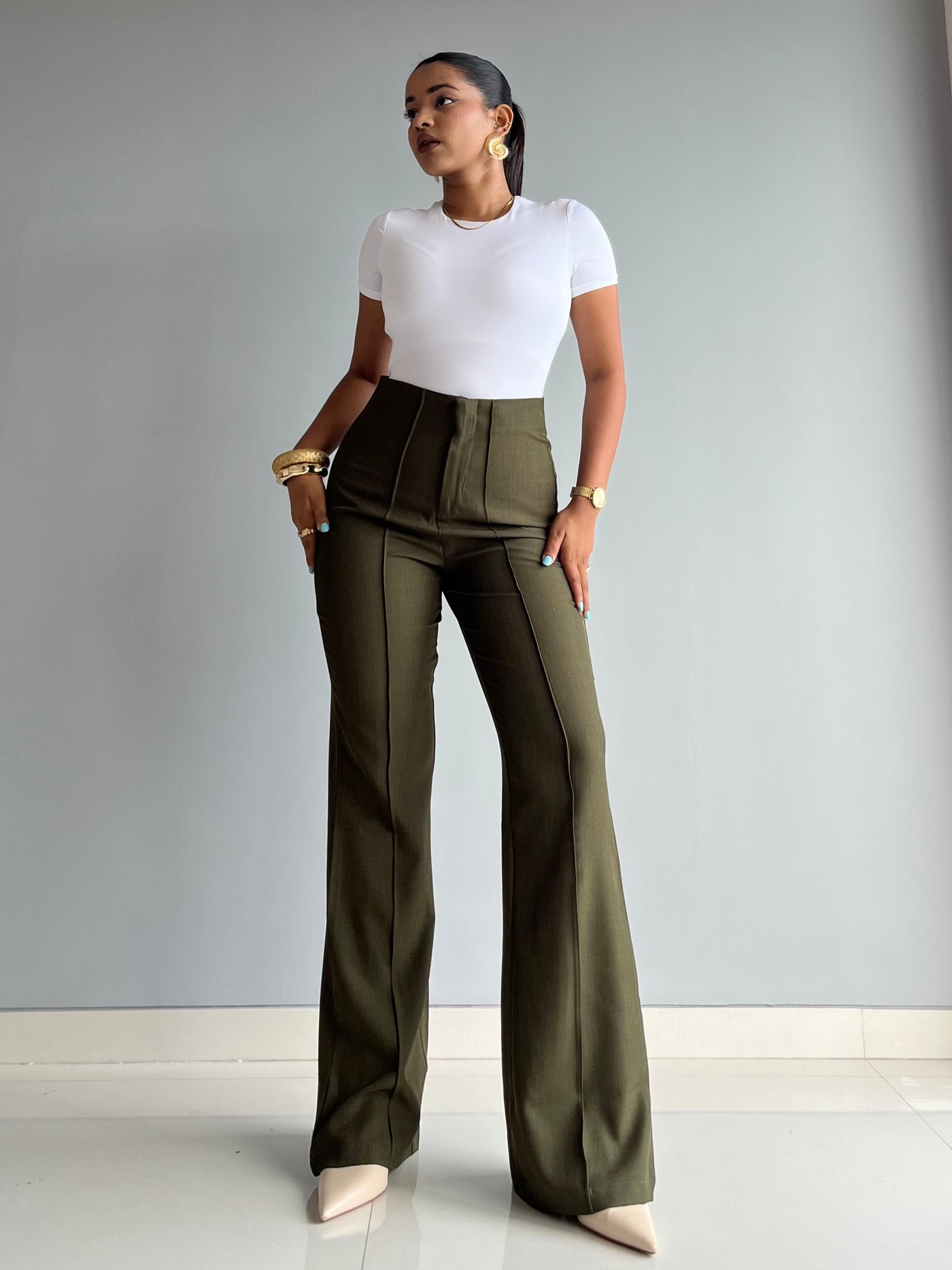 Polished Linen Flared Tailored Pants