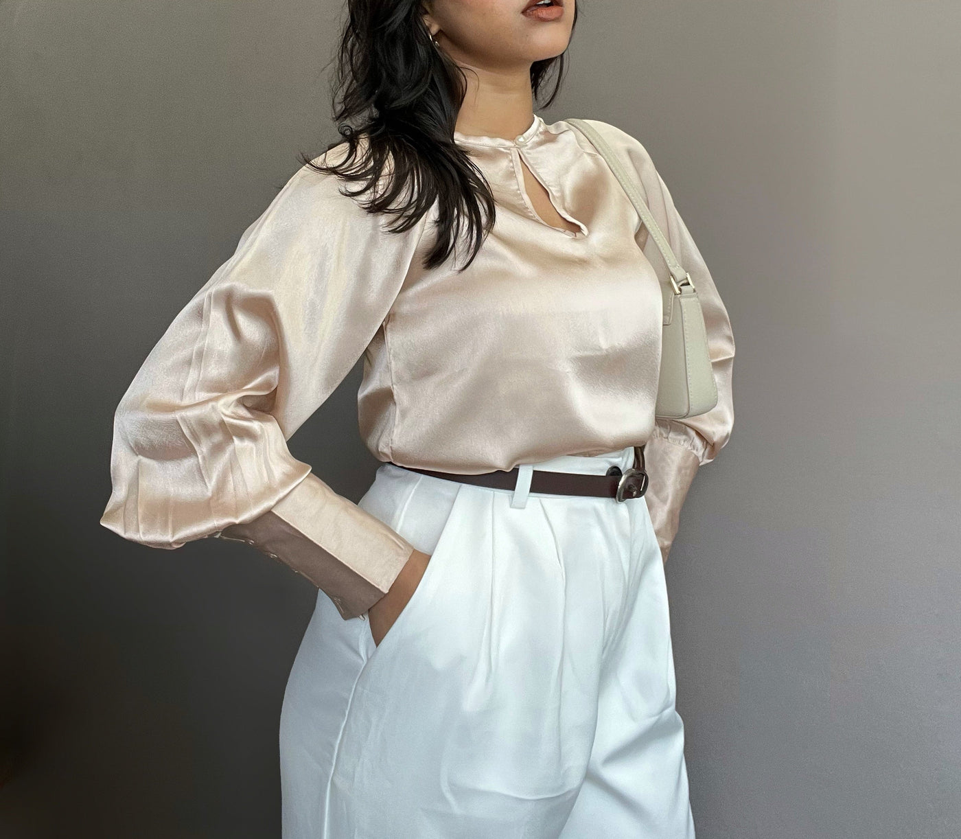 Loose Satin Blouse With Wide Puff Sleeve