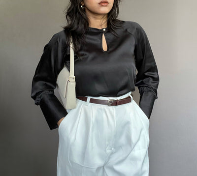 Loose Satin Blouse With Wide Puff Sleeve