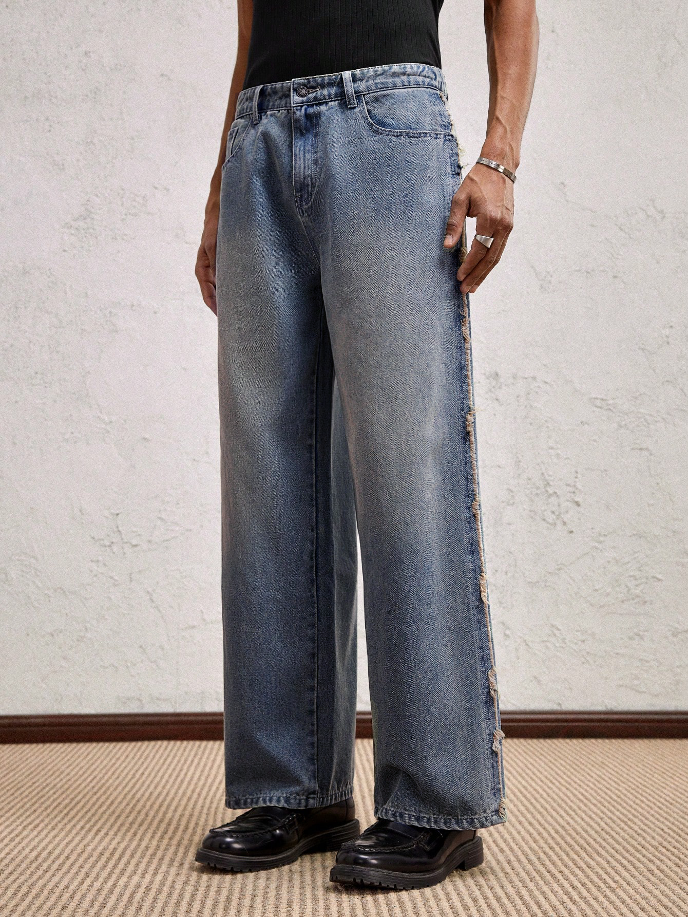 Unfinished Blue Wash Straight Fit Jeans