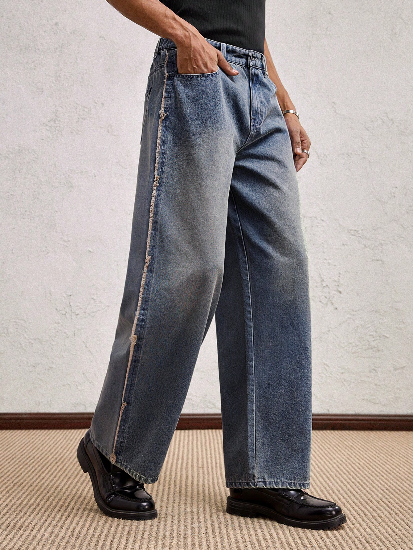 Unfinished Blue Wash Straight Fit Jeans