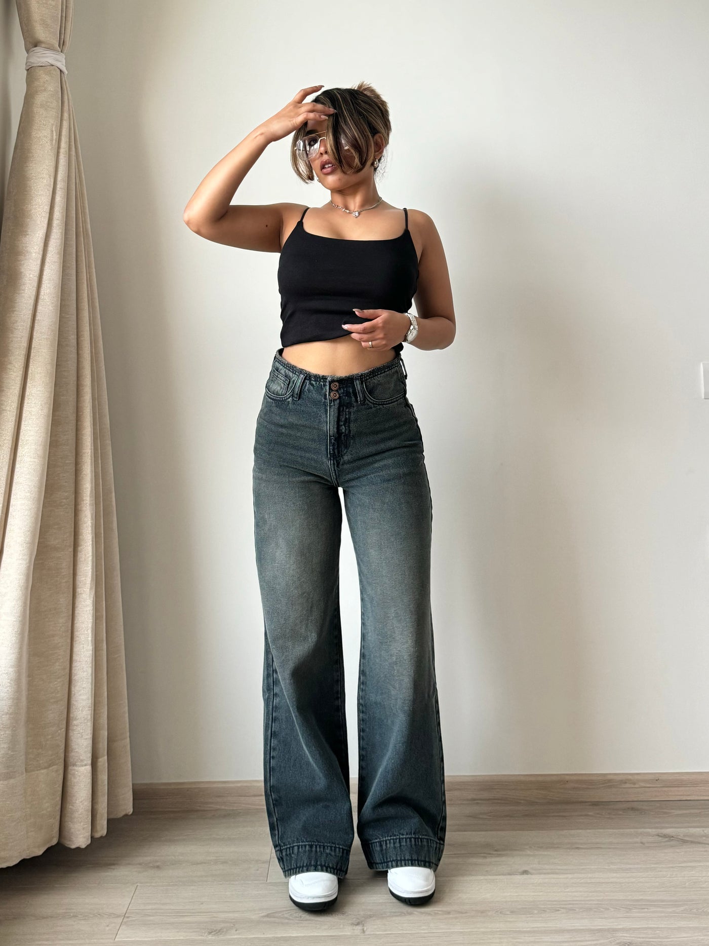 Grunge Edge Double Button High-Waisted Denim