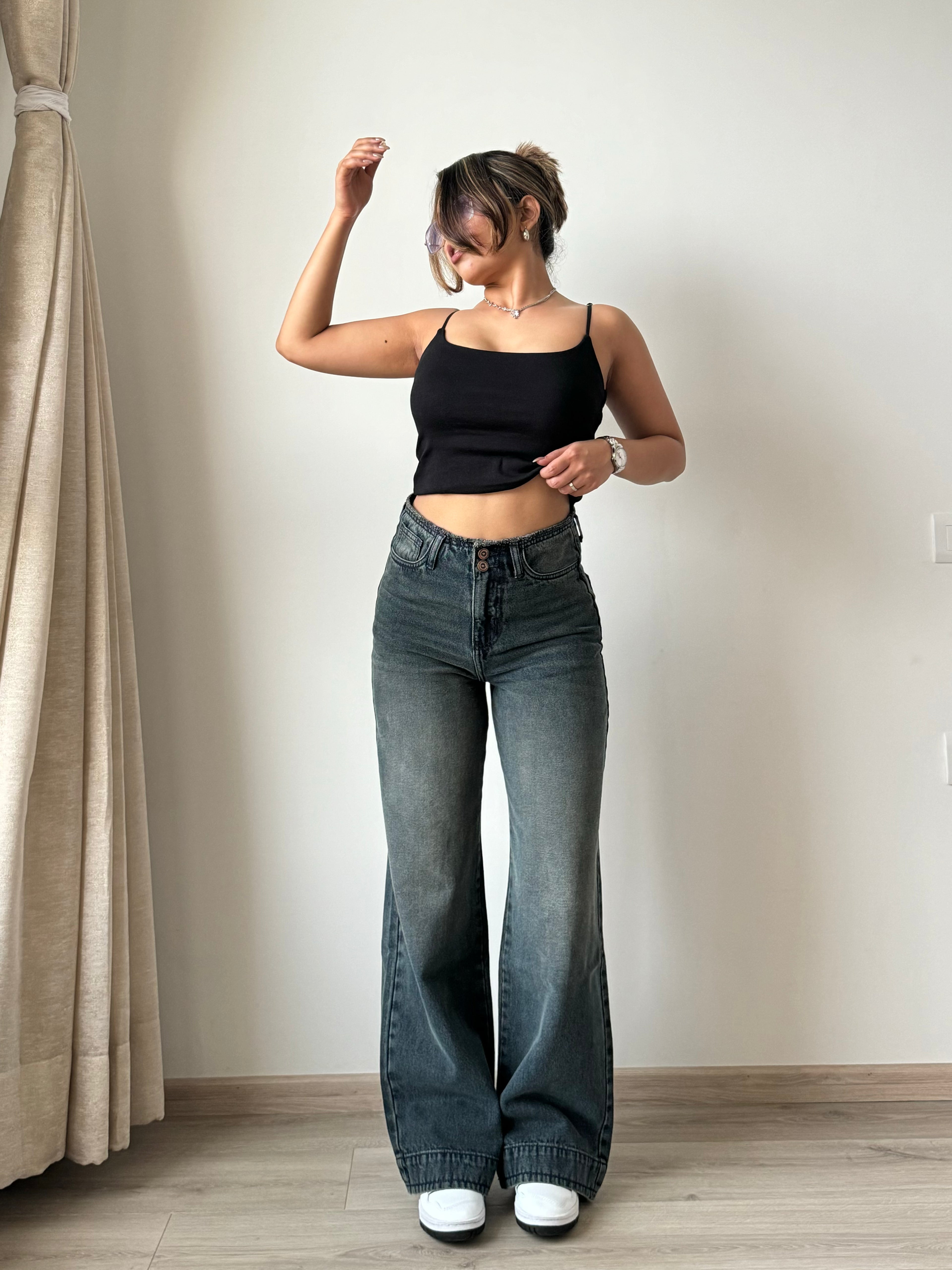 Grunge Edge Double Button High-Waisted Denim