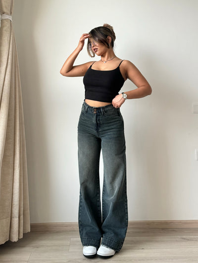 Grunge Edge Double Button High-Waisted Denim