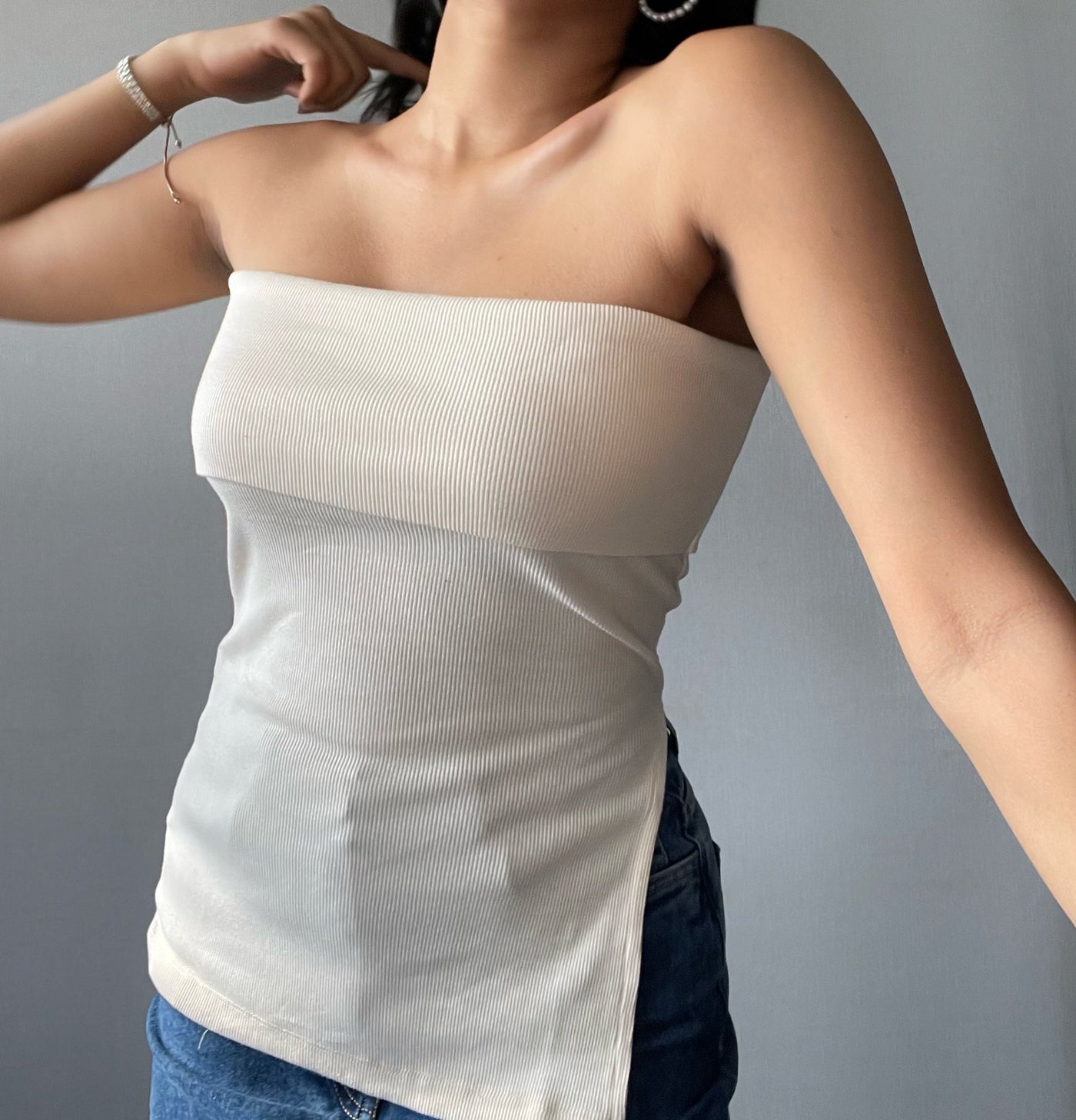 Foldover Strapless Top With Side Slits