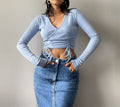 Overlap Full Sleeve Rib Knit Top With Front Ruching