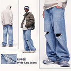 Blue Ripped Wide Leg Jeans