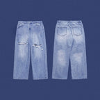 Blue Ripped Wide Leg Jeans