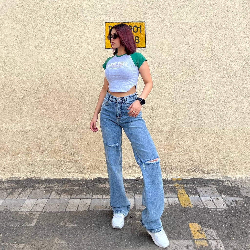 Blue Basic Ripped Straight Leg High Rise Jeans