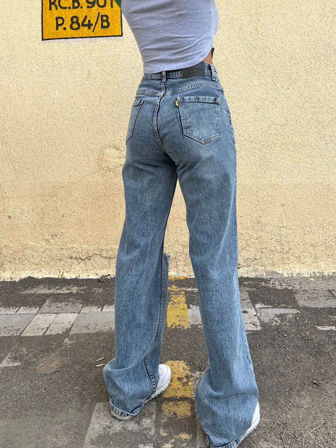 Blue Basic Ripped Straight Leg High Rise Jeans