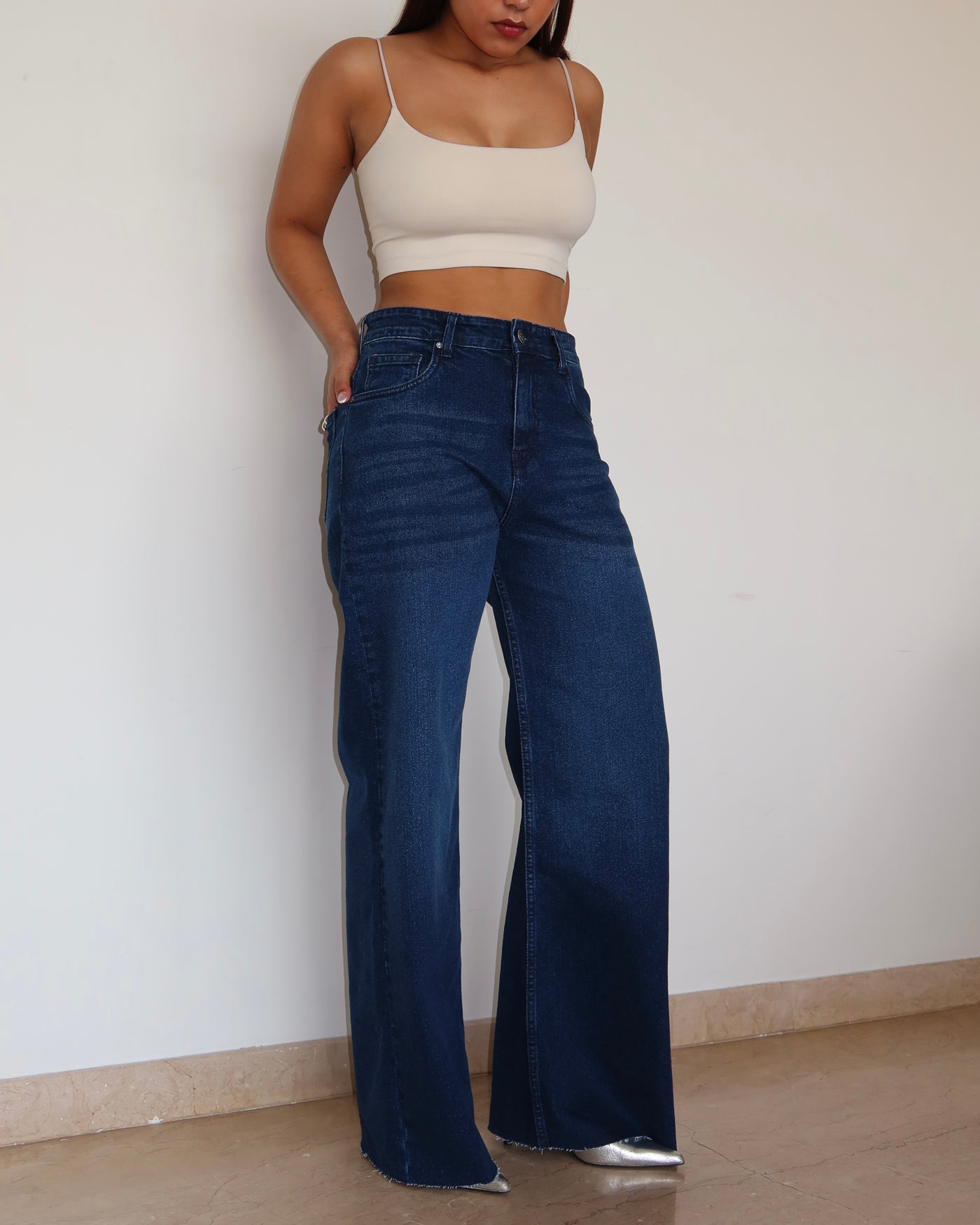 Twilight Blue Raw Hem Wide Leg Jeans