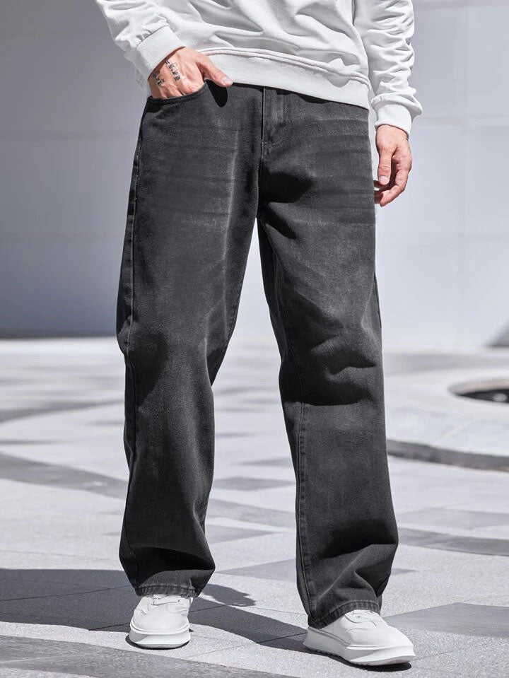 Charcoal Raw Wash Baggy Fit Jeans