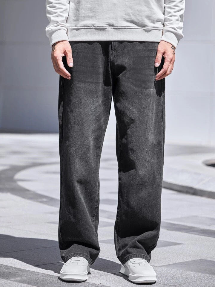 Charcoal Raw Wash Baggy Fit Jeans