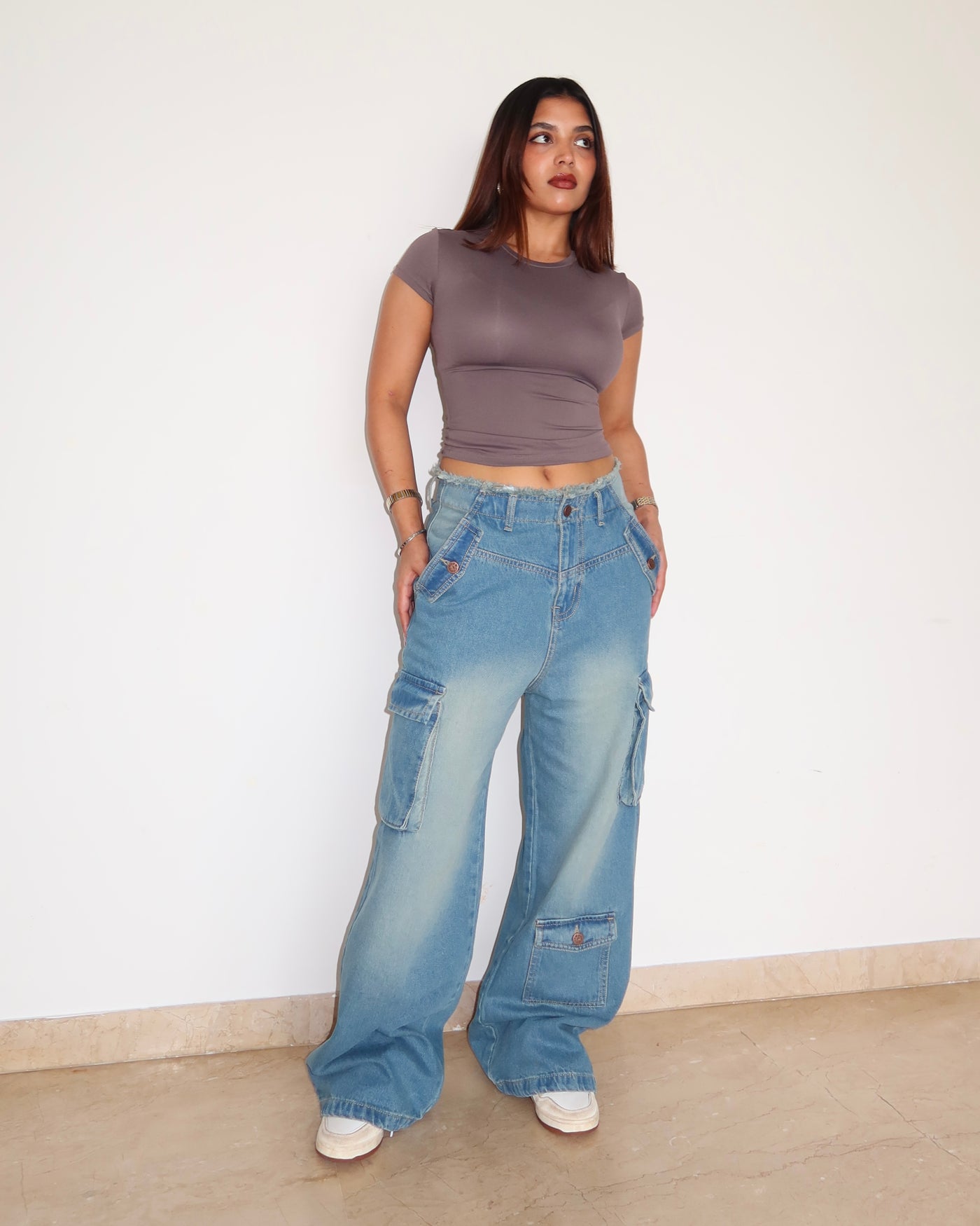 Lunar Grey Raw Waist Baggy Wide Leg Cargo Jeans