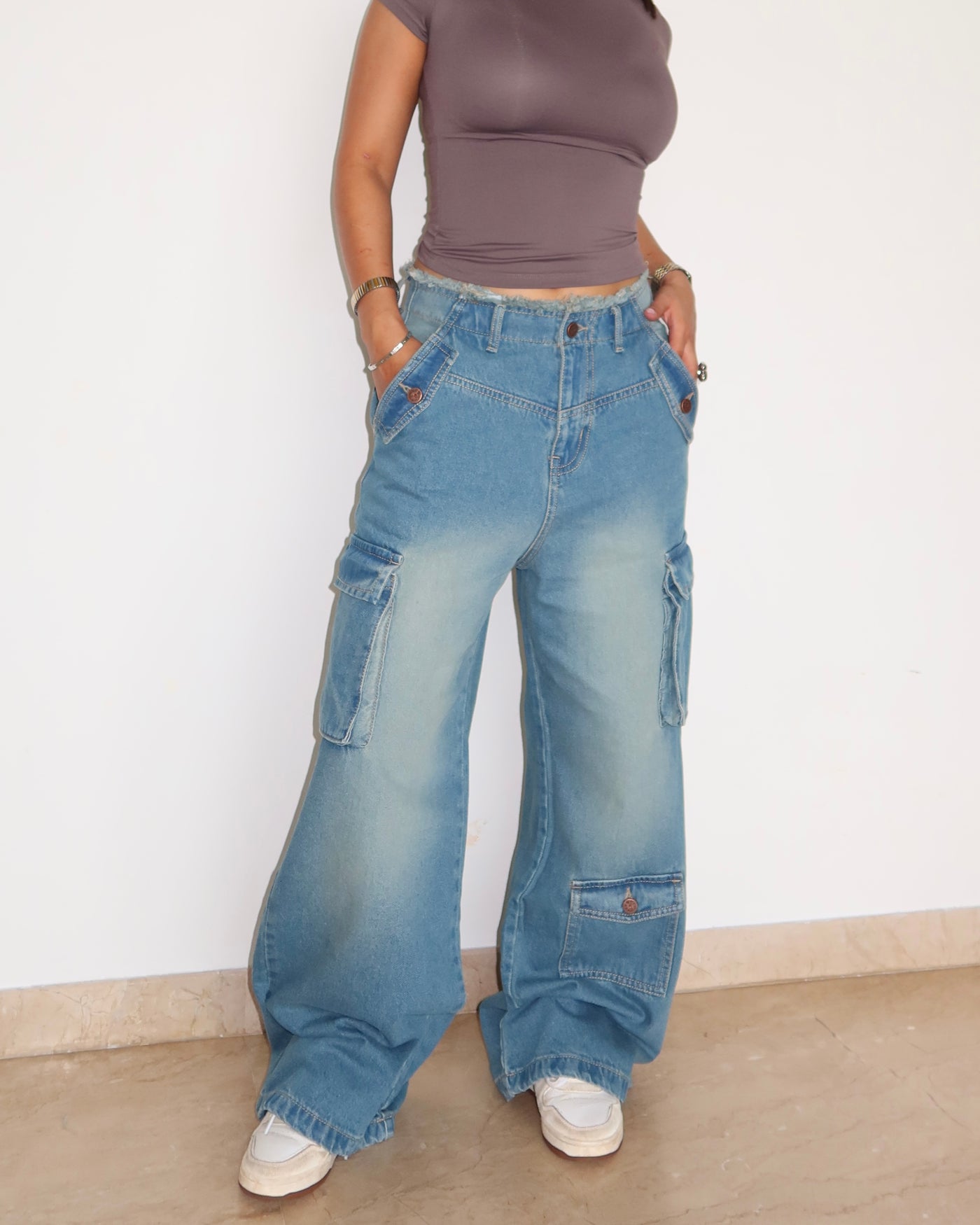 Lunar Grey Raw Waist Baggy Wide Leg Cargo Jeans