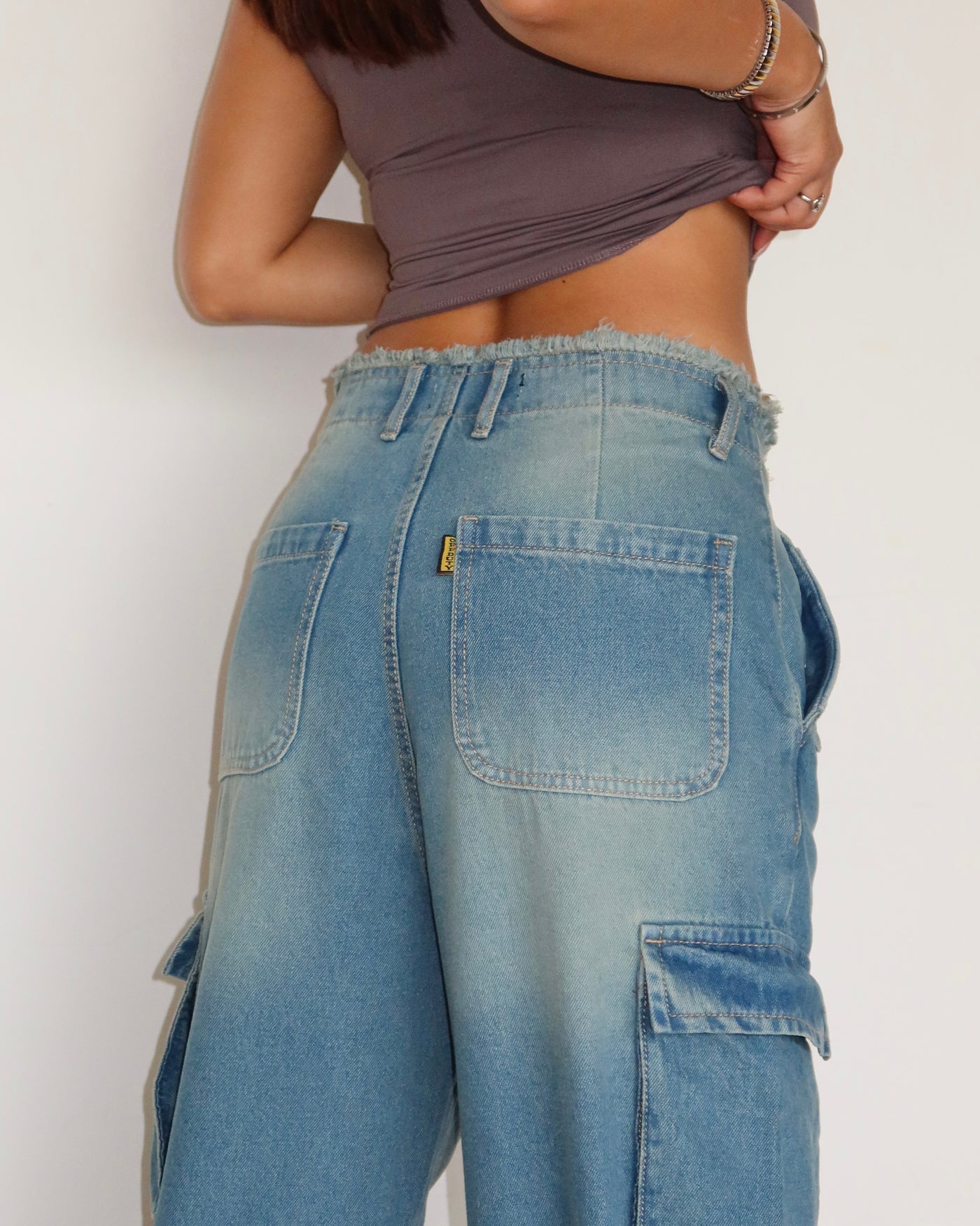 Lunar Grey Raw Waist Baggy Wide Leg Cargo Jeans