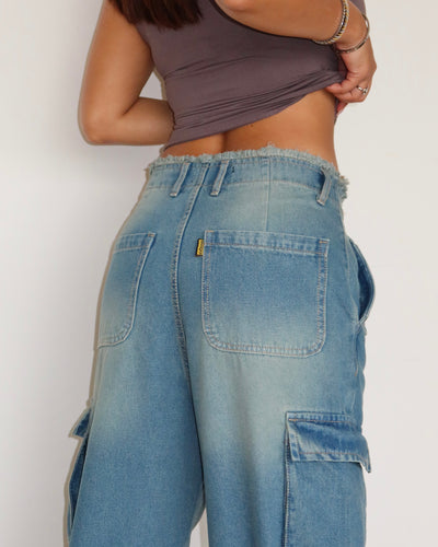 Lunar Grey Raw Waist Baggy Wide Leg Cargo Jeans