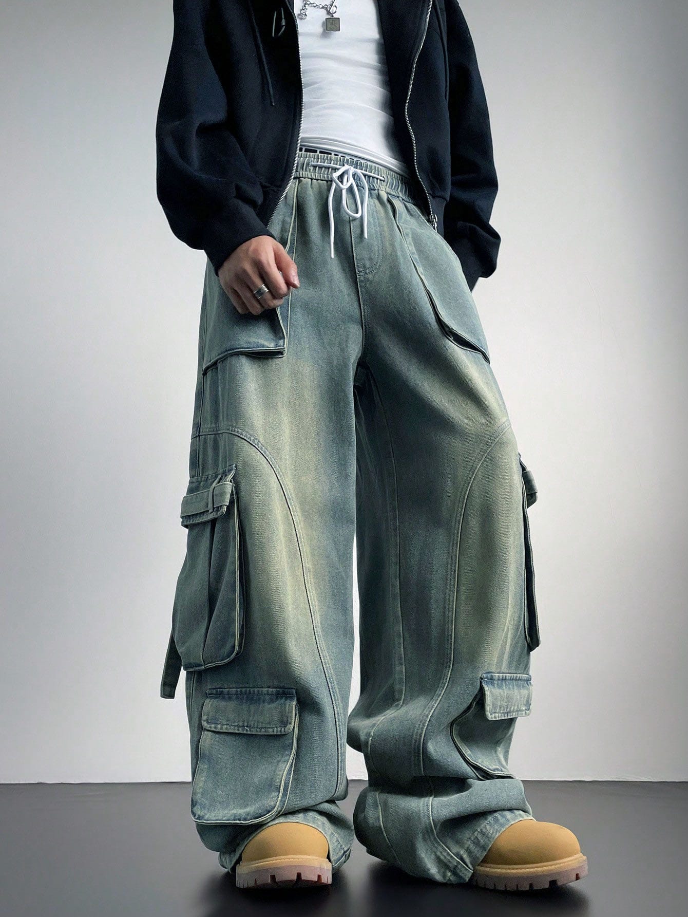 Flex Fit Baggy Wide Leg Cargo Denim Joggers