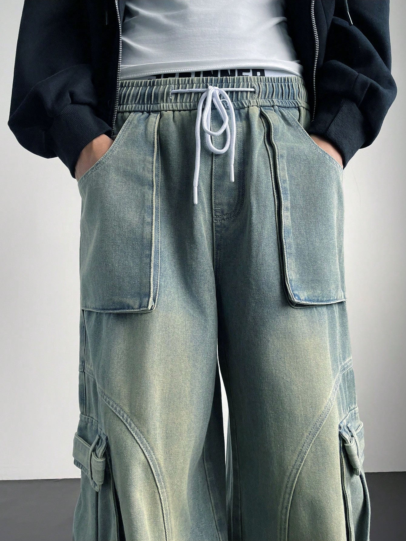 Flex Fit Baggy Wide Leg Cargo Denim Joggers