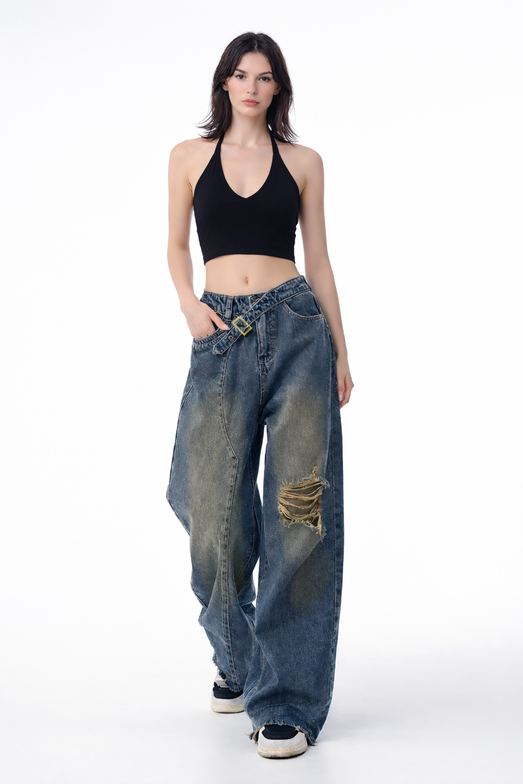 Off Beat Distressed Blue Baggy Jeans
