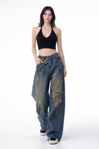 Off Beat Distressed Blue Baggy Jeans