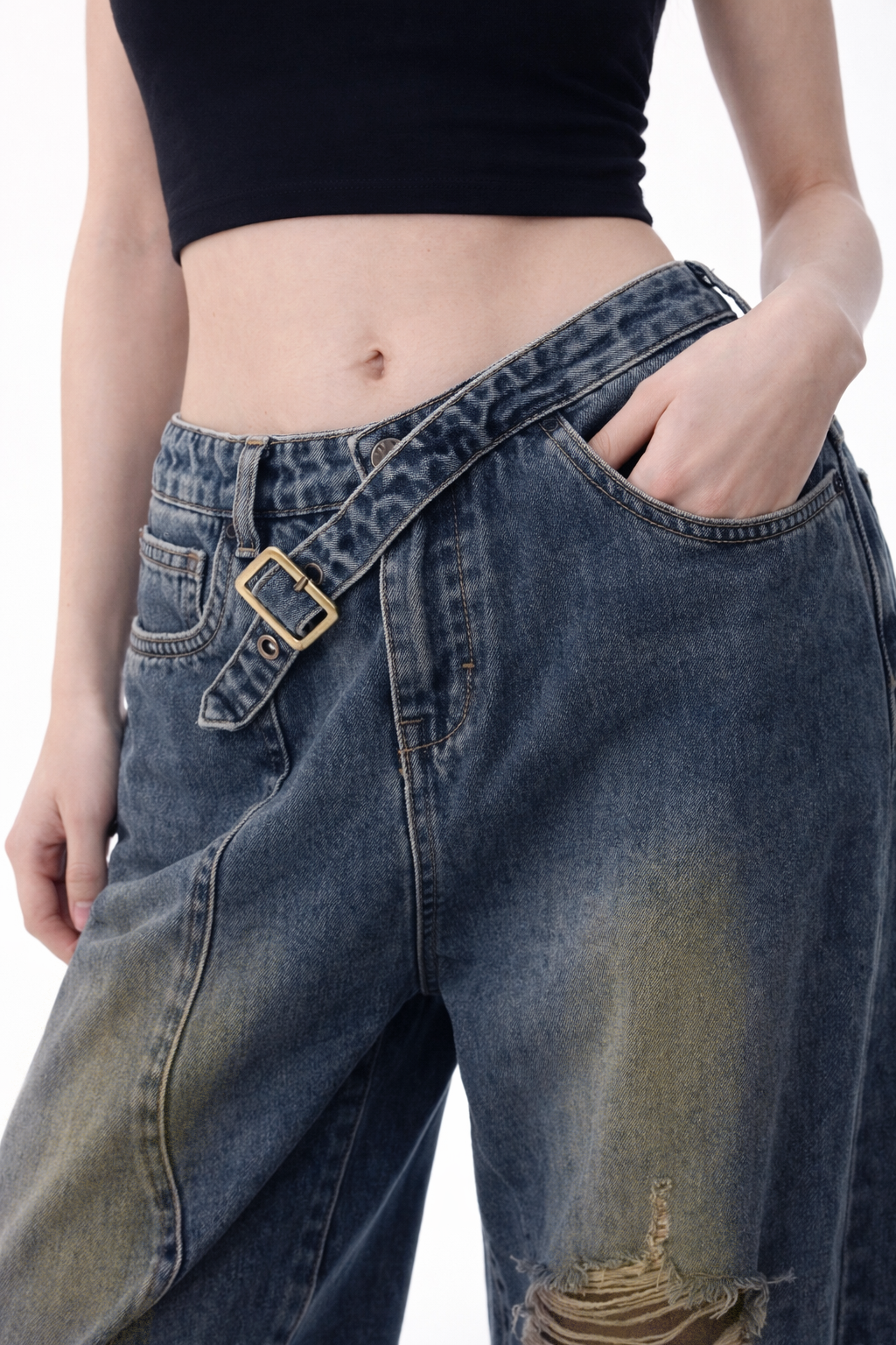 Off Beat Distressed Blue Baggy Jeans