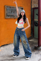 Off Beat Distressed Blue Baggy Jeans