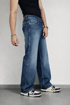 Worn Blue Whisker Wash Loose Straight Fit Jeans