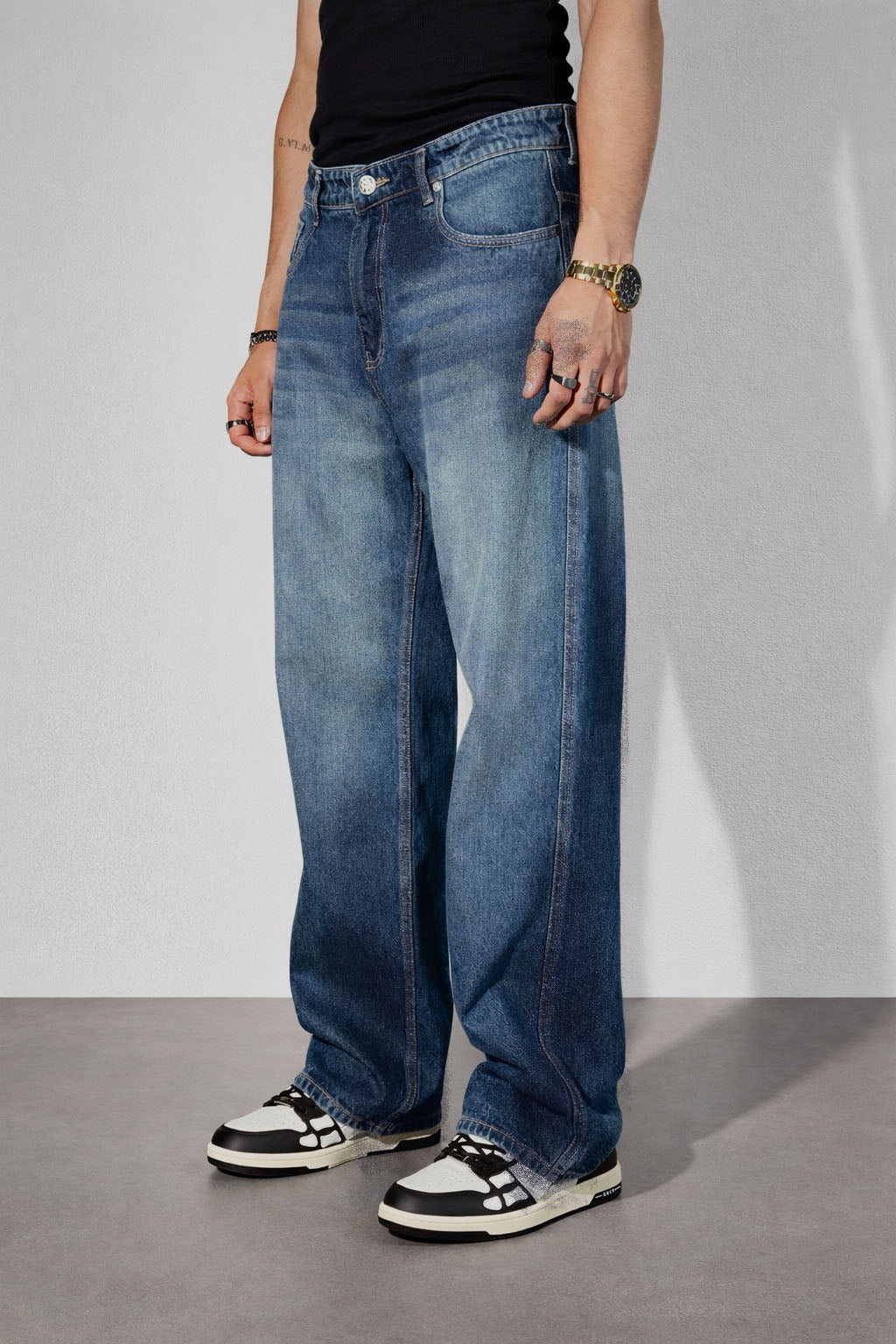 Worn Blue Whisker Wash Loose Straight Fit Jeans