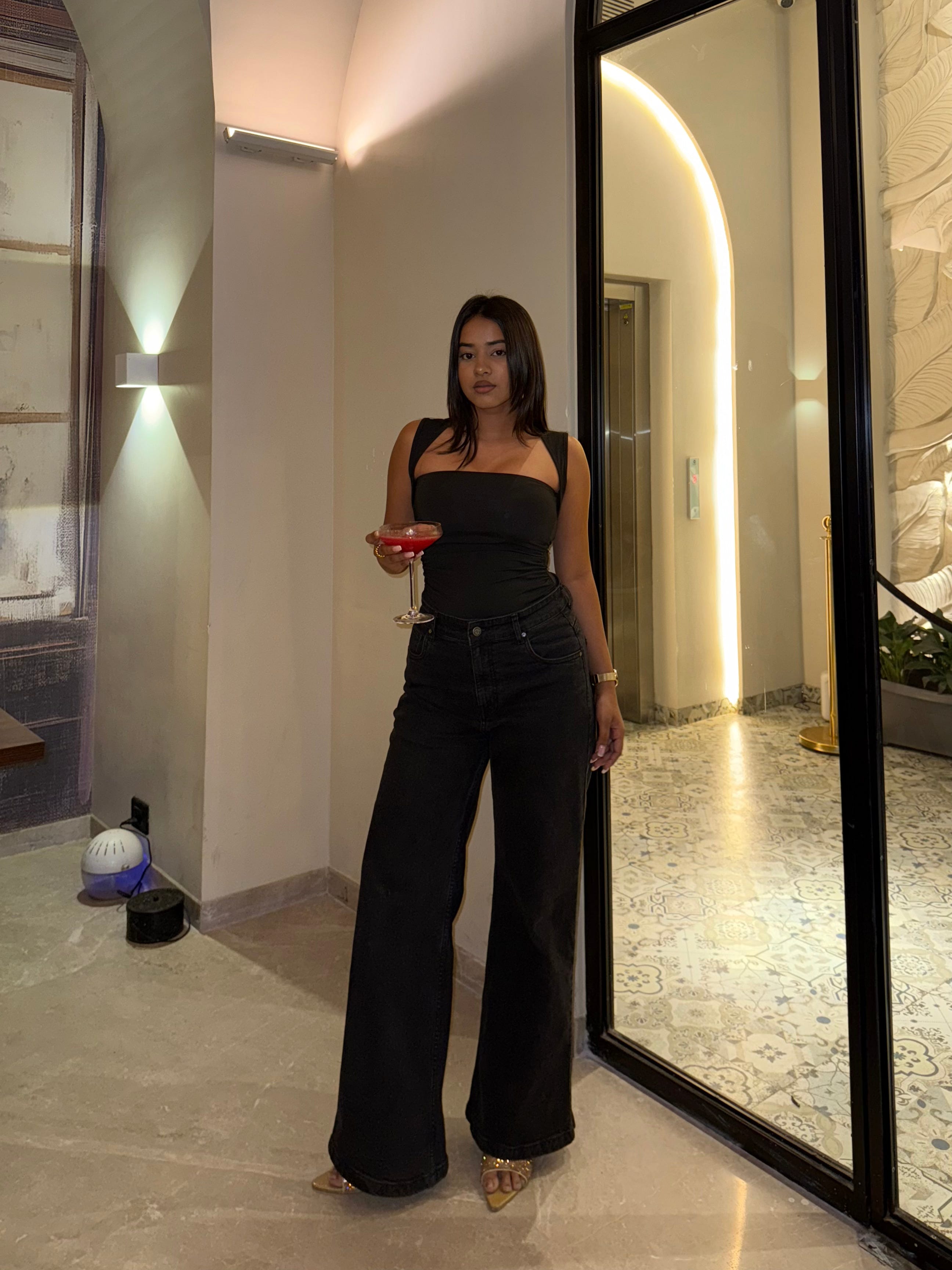 Onyx Black Stone Wash Wide Leg High Rise Jeans