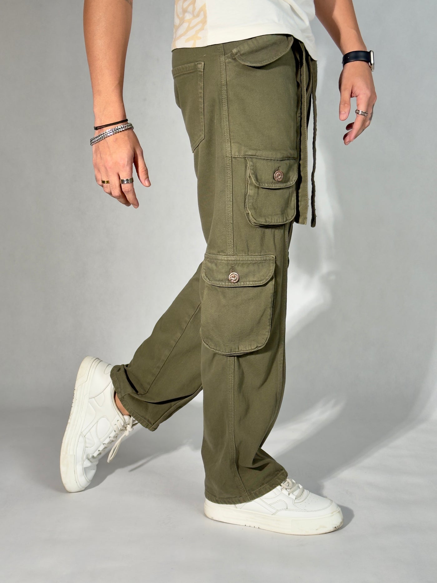 Olive Green Casual Cargo Baggy Jeans